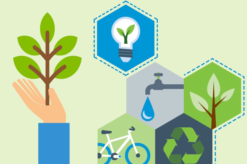 A graphic design displaying a light bulb, a tap, a shoot, a bike and the recycling symbol to indicate energy-saving