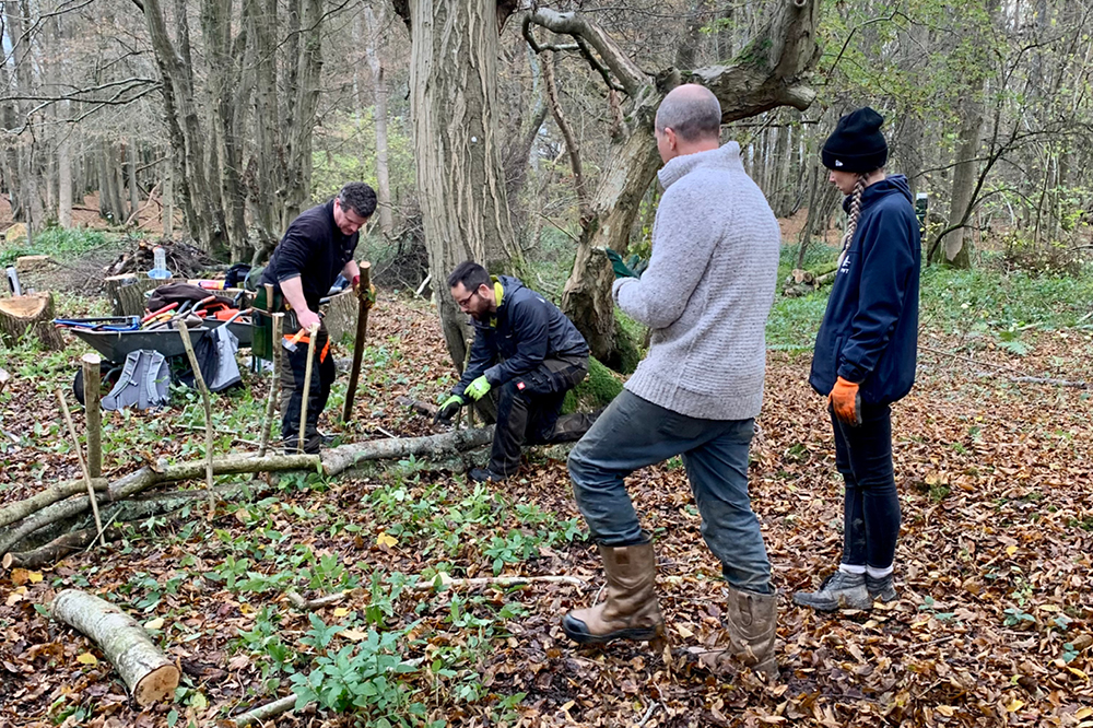 WHD volunteers building natural hedgerows