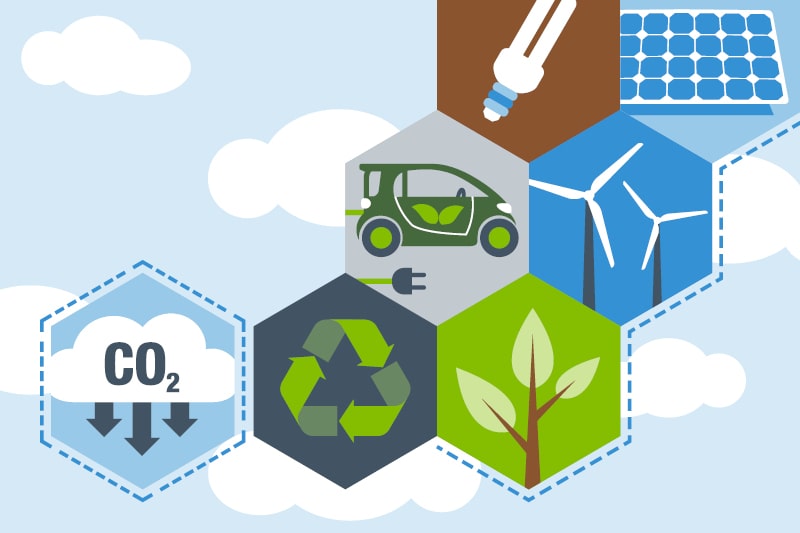 A graphic design displaying the CO2 symbol, the recycling symbol, a shoot, wind turbines, and electric car, solar panels and a low-energy lightbulb to indicate carbon reduction 