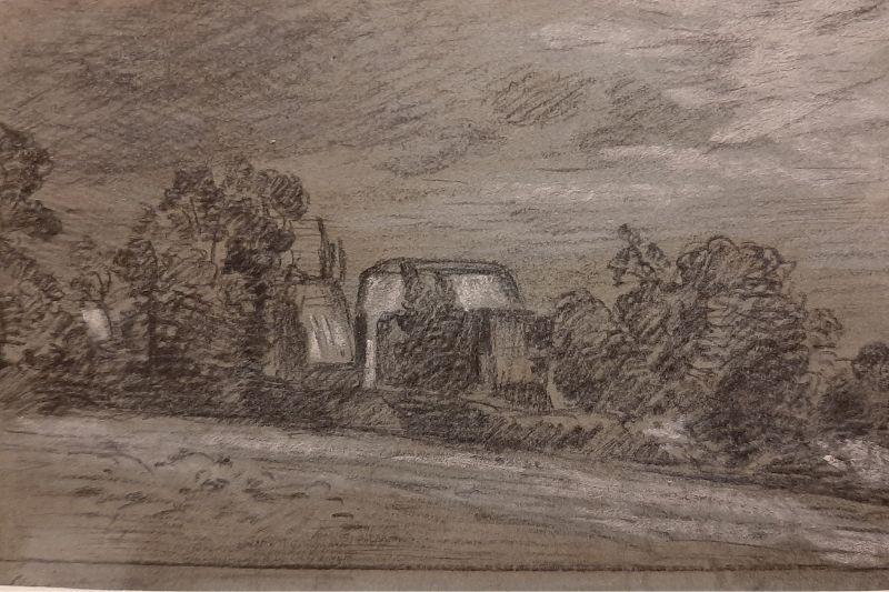 Constable's sketch depicts a rural scene, including trees and a barn