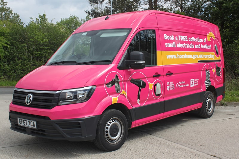 Our textiles and electricals are collected in our bright pink van