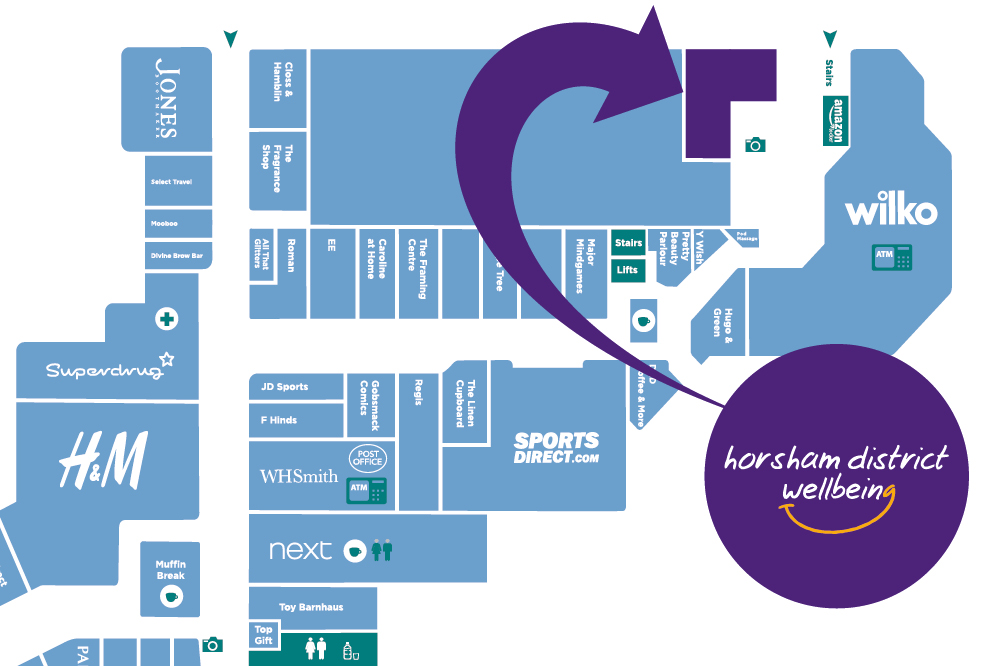 Location of the Wellbeing Hub in Swan Walk shopping centre