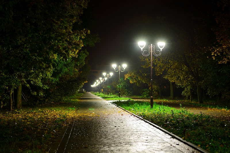 A well-lit path in a park on a dark night