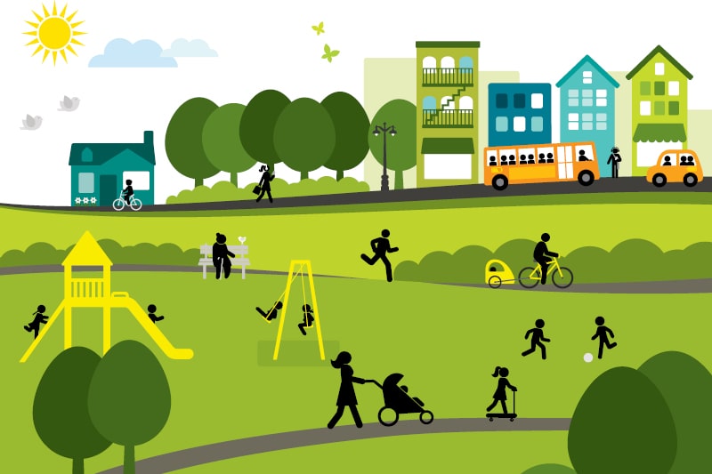 A graphic of a community enjoying parks and open spaces. A bus travels down a road in the background