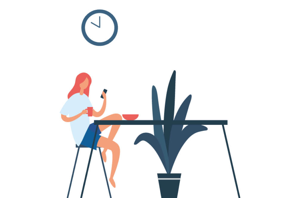 Graphic of a lady sitting at  desk with a plant
