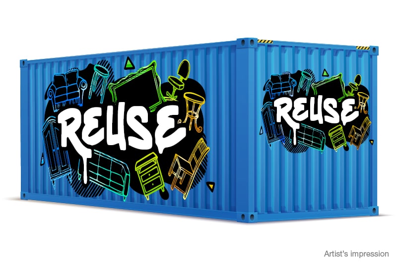 An artist impression of the Reuse Hub. The Hub is a blue shipping container with the word Reuse on it in a street-art style design