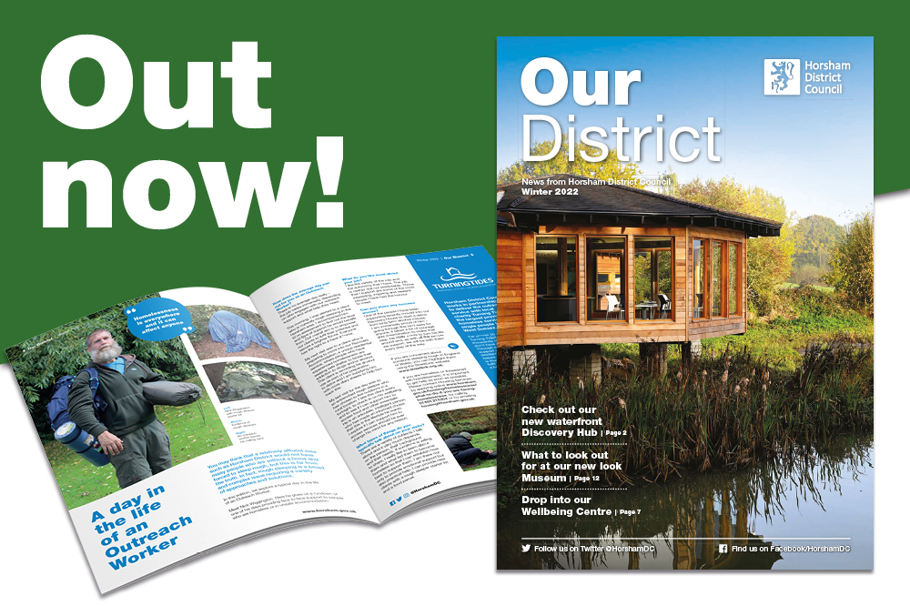 The magazine version of Our District with the words Out now!