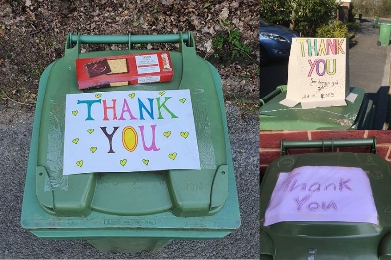 A selection of thank you posters, drawn by children and taped to their bins