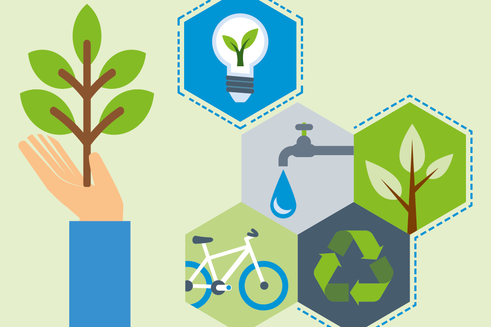 Graphics of a lightbulb, water tap, bike, tree and recycling symbol