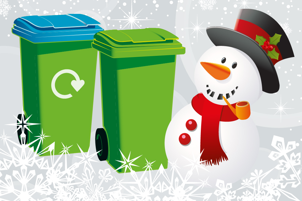 Two green bins and a snowman with snowflakes